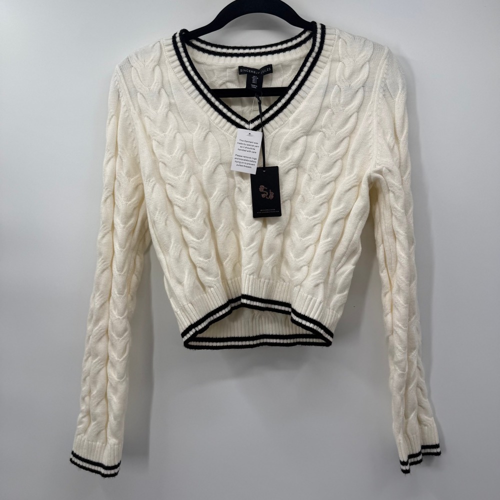 Sincerely Jules Womens Large Sweater Ivory Cable Knit Cropped Neck Preppy
